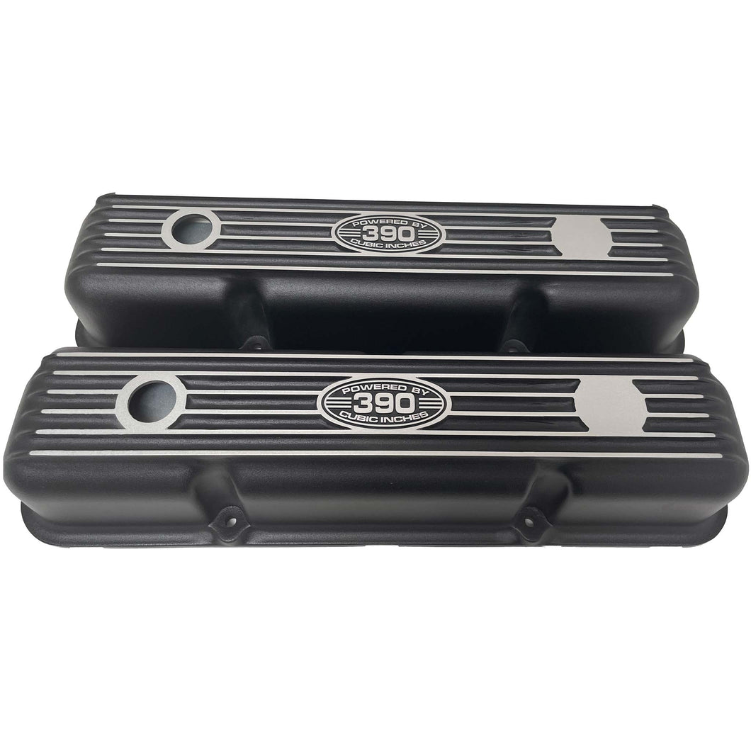 Ford FE 390 Short Valve Covers - Powered by 390 Logo 2 - Black