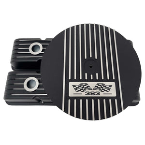 Small Block Chevy 383 Finned Valve Covers & 14" Round Air Cleaner Kit - Black