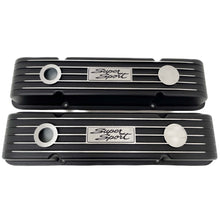 Load image into Gallery viewer, Small Block Chevy Super Sport Script Logo Finned Valve Covers - Black