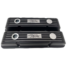 Load image into Gallery viewer, Small Block Chevy Super Sport Script Logo Finned Valve Covers - Black