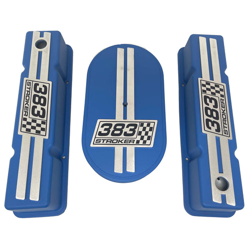 383 STROKER Small Block Chevy Valve Covers & Air Cleaner Kit - Billet Top - Blue
