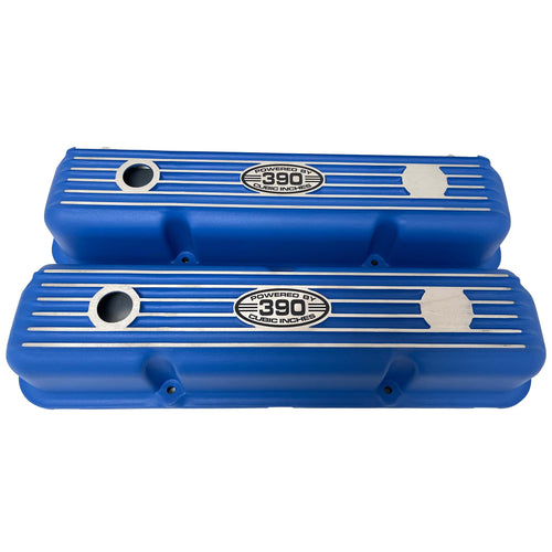 Ford FE 390 Valve Covers Short Finned (POWERED BY 390) Blue-Style 1