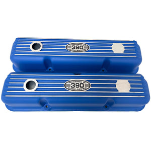 Ford FE 390 Valve Covers Short Finned (POWERED BY 390) Blue-Style 1
