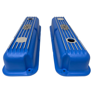 Ford FE 390 Valve Covers Short Finned (POWERED BY 390) Style 1 - Blue