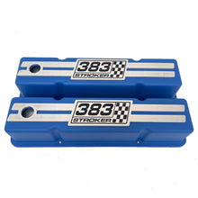 Load image into Gallery viewer, 383 Stroker SBC Tall Valve Covers, Engraved Billet - Style 1 - Blue