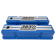 Load image into Gallery viewer, 383 Stroker SBC Tall Valve Covers, Engraved Billet - Style 1 - Blue