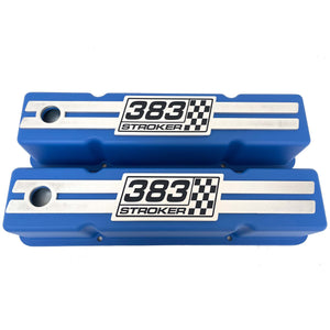 383 Stroker SBC Tall Valve Covers, Engraved Billet - Style 1 - Blue