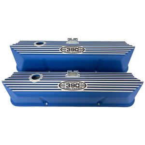 Ford FE 390 Valve Covers Tall - POWERED BY 390 CUBIC INCHES - Style 1 - Blue