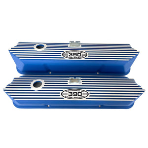 Ford FE 390 Valve Covers Tall - POWERED BY 390 CUBIC INCHES - Style 1 - Blue