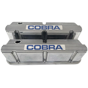 Ford Small Block Pentroof Cobra Tall Valve Covers, Blue Logo - Polished