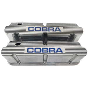 Ford Small Block Pentroof Cobra Tall Valve Covers, Blue Logo - Polished
