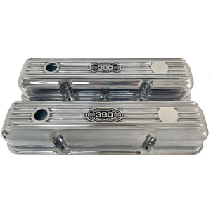 Ford FE 390 Short Valve Covers - Powered by 390 Logo 2 - Polished