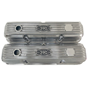 Ford FE 390 Short Valve Covers - Powered by 390 Logo 2 - Polished