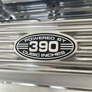 Ford FE 390 Short Valve Covers - Powered by 390 Logo 2 - Polished