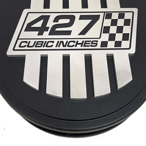 427 Cubic Inches, Custom Raised Billet Top Logo 15" Oval Air Cleaner Lid Kit - Black