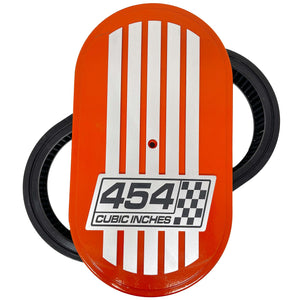 454 Cubic Inches, Custom Raised Billet Top Logo 15" Oval Air Cleaner Kit - Orange