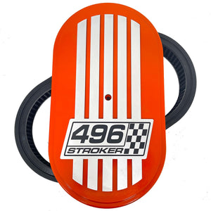 496 Stroker, Custom Raised Billet Top Logo 15" Oval Air Cleaner Lid Kit - Orange