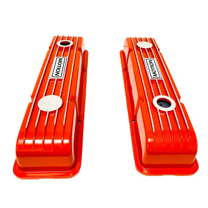 Small Block Chevy Baldwin MOTION Finned Valve Covers - Style 1 - Orange