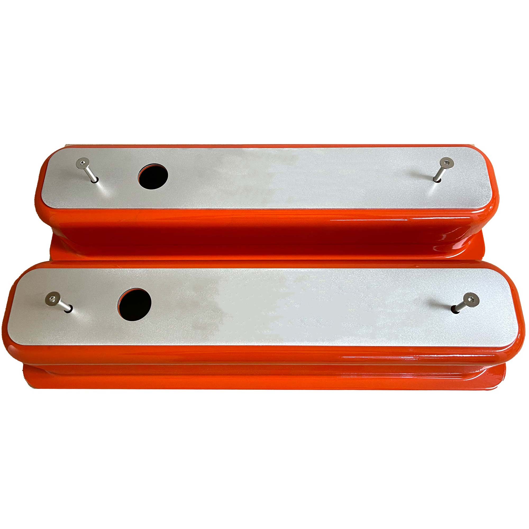 Small Block Chevy Center Bolt Valve Covers Billet Top Orange