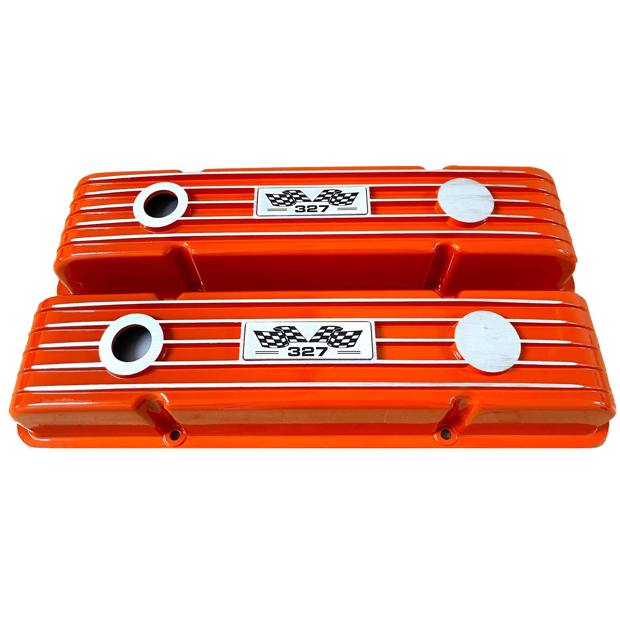 Small Block Chevy 327 Flag Logo Finned Valve Covers - Orange