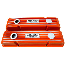 Load image into Gallery viewer, Small Block Chevy 327 Finned Valve Covers &amp; 14&quot; Round Air Cleaner Kit - Orange