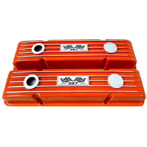 Small Block Chevy 327 Finned Valve Covers & 14" Round Air Cleaner Kit - Orange
