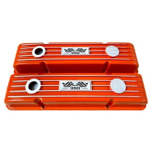 Small Block Chevy 350 Finned Valve Covers & 14" Round Air Cleaner Kit - Orange