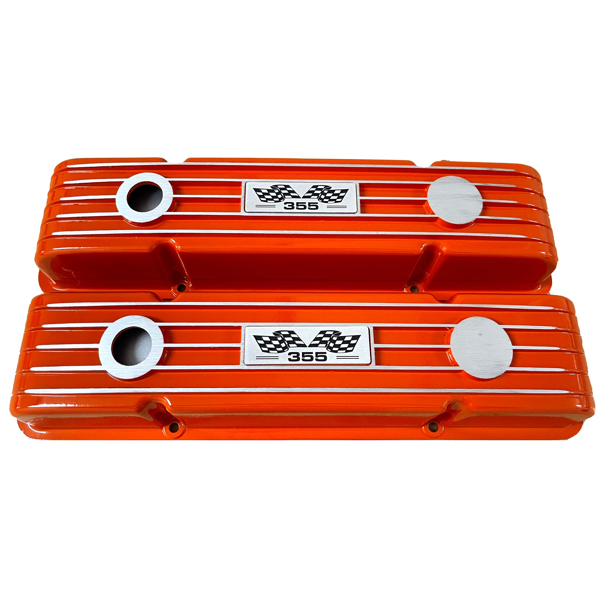 Small Block Chevy 355 Flag Logo Finned Valve Covers - Orange