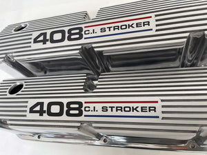 Ford Small Block Pentroof 408 Tall Valve Covers, 3 Color Logo - Polished
