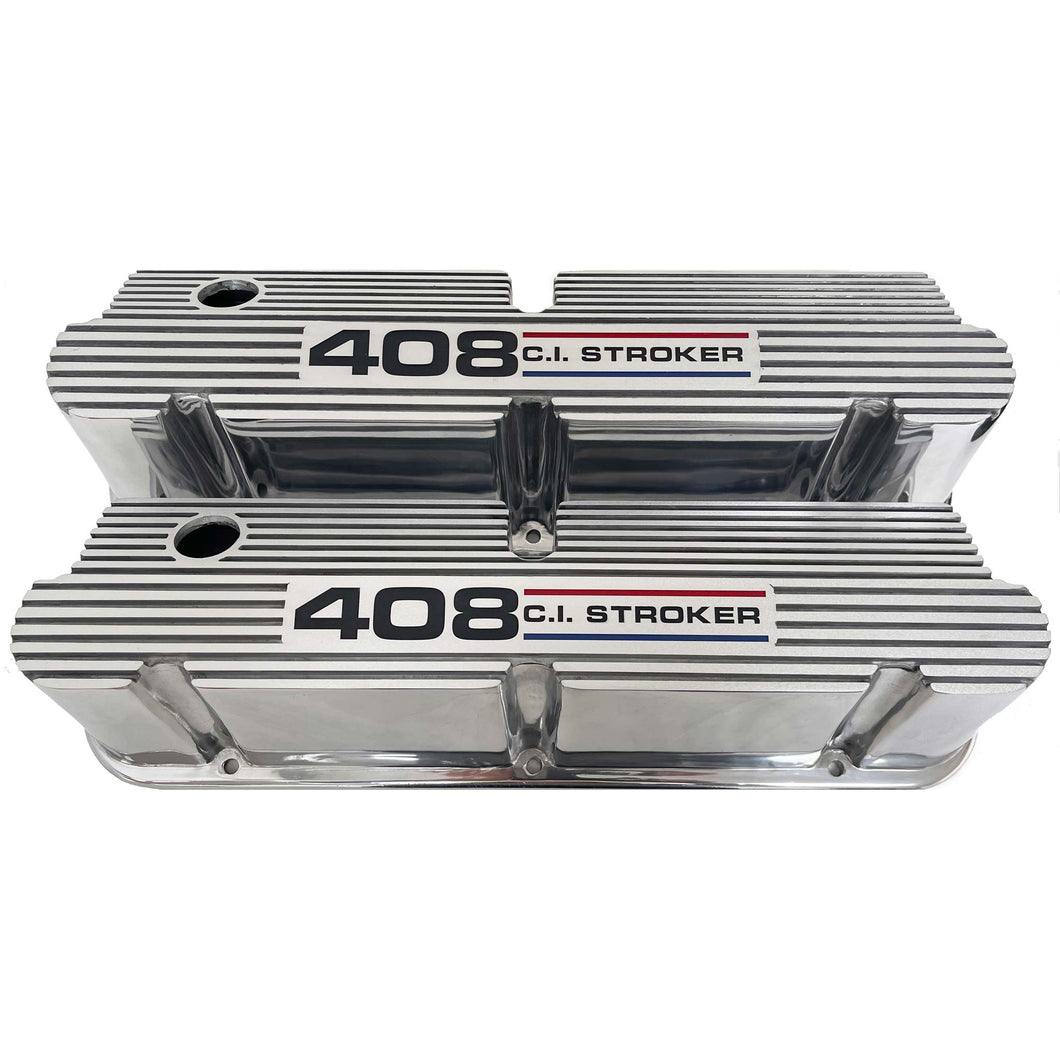 Ford Small Block Pentroof 408 Tall Valve Covers, 3 Color Logo - Polished