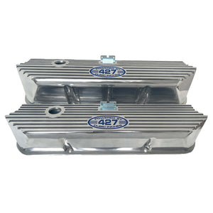 Ford FE 427 Valve Covers Tall (POWERED BY 427 CUBIC INCHES) Blue Logo - Polished