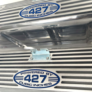 Ford FE 427 Valve Covers Tall (POWERED BY 427 CUBIC INCHES) Blue Logo - Polished