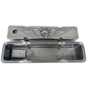 Small Block Chevy Tall Custom Valve Covers - Skeleton Design, Polished