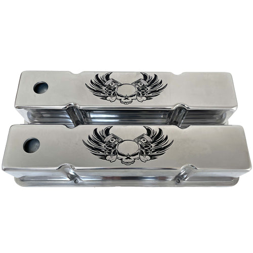 Small Block Chevy Tall Valve Covers - Winged Skeleton - Polished