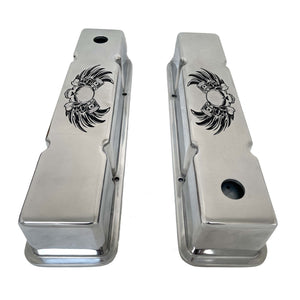 Small Block Chevy Tall Valve Covers - Winged Skeleton - Polished