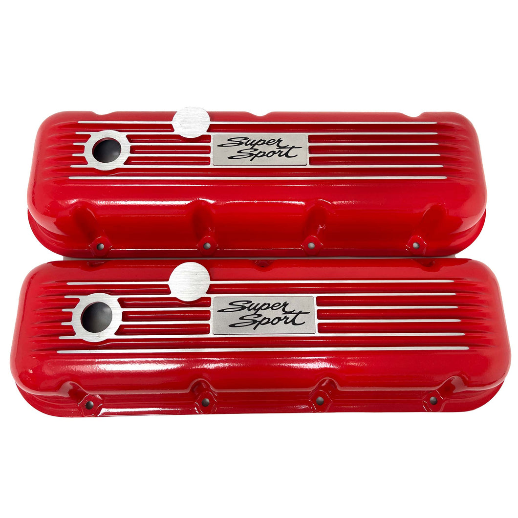 Big Block Chevy Super Sport Script Logo Finned Valve Covers - Red