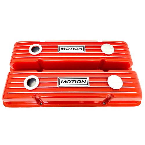 Small Block Chevy Baldwin MOTION Finned Valve Covers - Style 1 - Orange