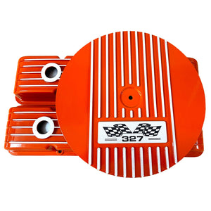 Small Block Chevy 327 Finned Valve Covers & 14" Round Air Cleaner Kit - Orange