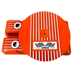Small Block Chevy 350 Finned Valve Covers & 14" Round Air Cleaner Kit - Orange