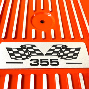 Small Block Chevy 355 Finned Valve Covers & 14" Round Air Cleaner Kit - Orange