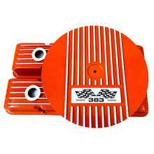 Load image into Gallery viewer, Small Block Chevy 383 Finned Valve Covers &amp; 14&quot; Round Air Cleaner Kit - Orange
