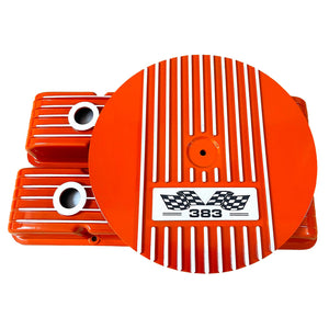 Small Block Chevy 383 Finned Valve Covers & 14" Round Air Cleaner Kit - Orange