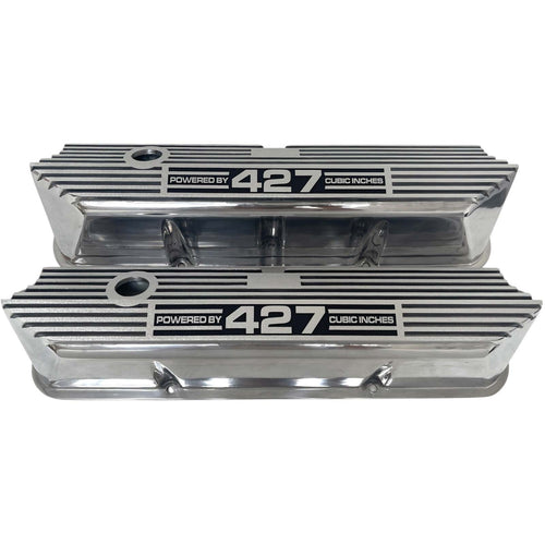 Ford FE Tall Powered By 427 Valve Covers - Long Plate - Polished