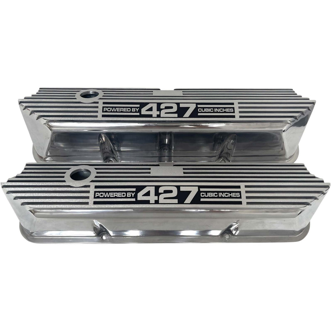 Ford FE Tall Powered By 427 Valve Covers - Long Plate - Polished