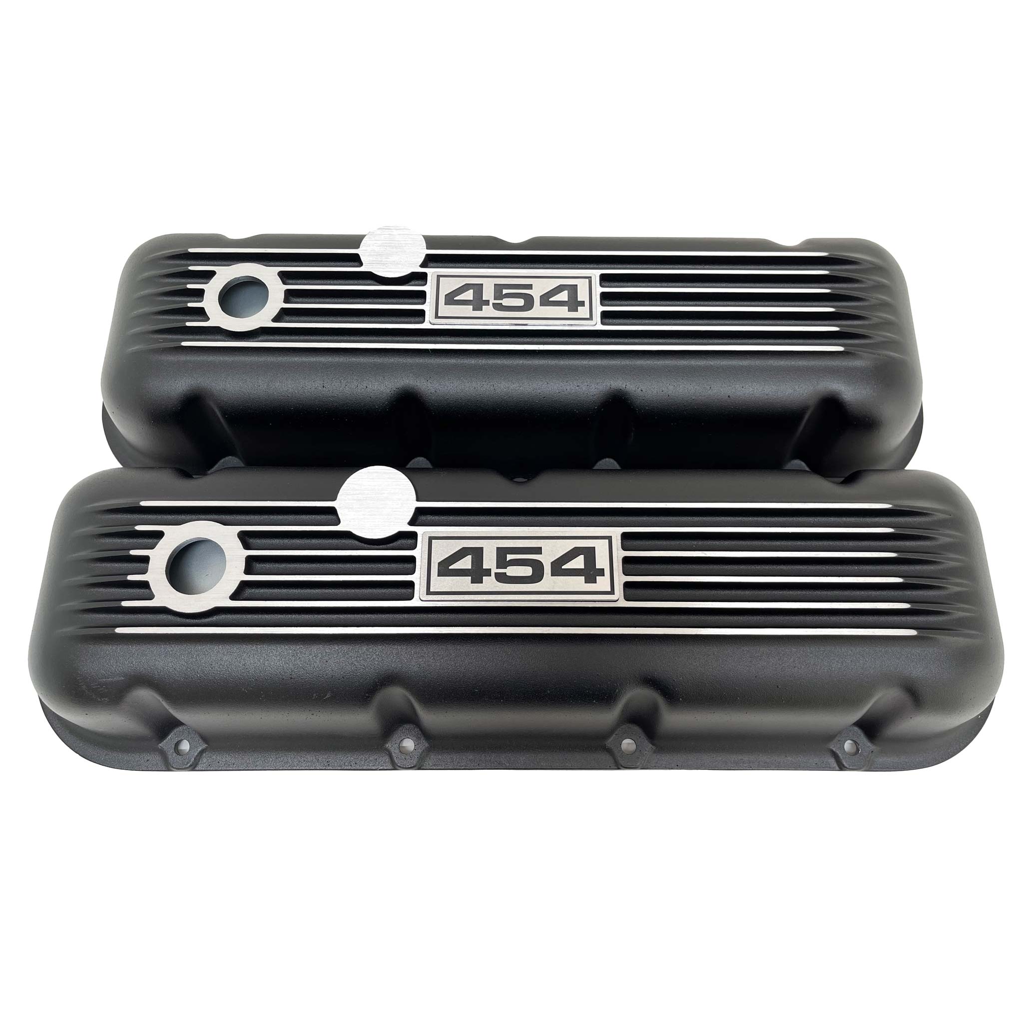 thumbnail interactive-video image 1 of Speedmaster BBC 454 Tall Finned Aluminum Valve Covers – Black W/ Hole 1 of 4