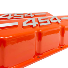 Load image into Gallery viewer, ansen big block chevy 454 valve covers, raised letter, orange, close up view