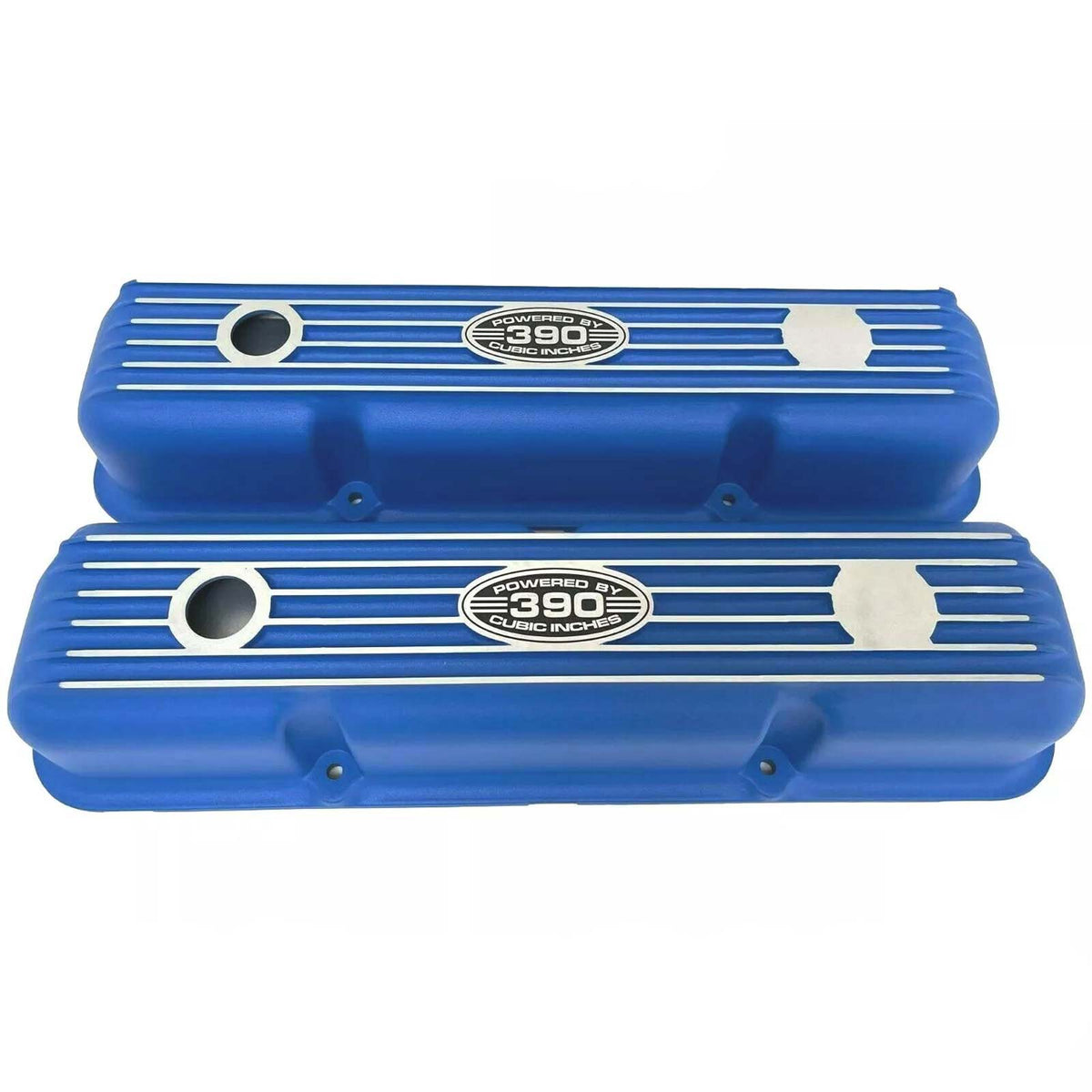 Ford FE 390 Short Valve Covers - Powered by 390 Logo 2 - Blue – Ansen USA