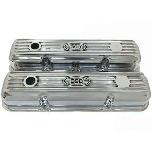 Ford FE 390 Short Valve Covers - Powered by 390 Logo 1 - Polished