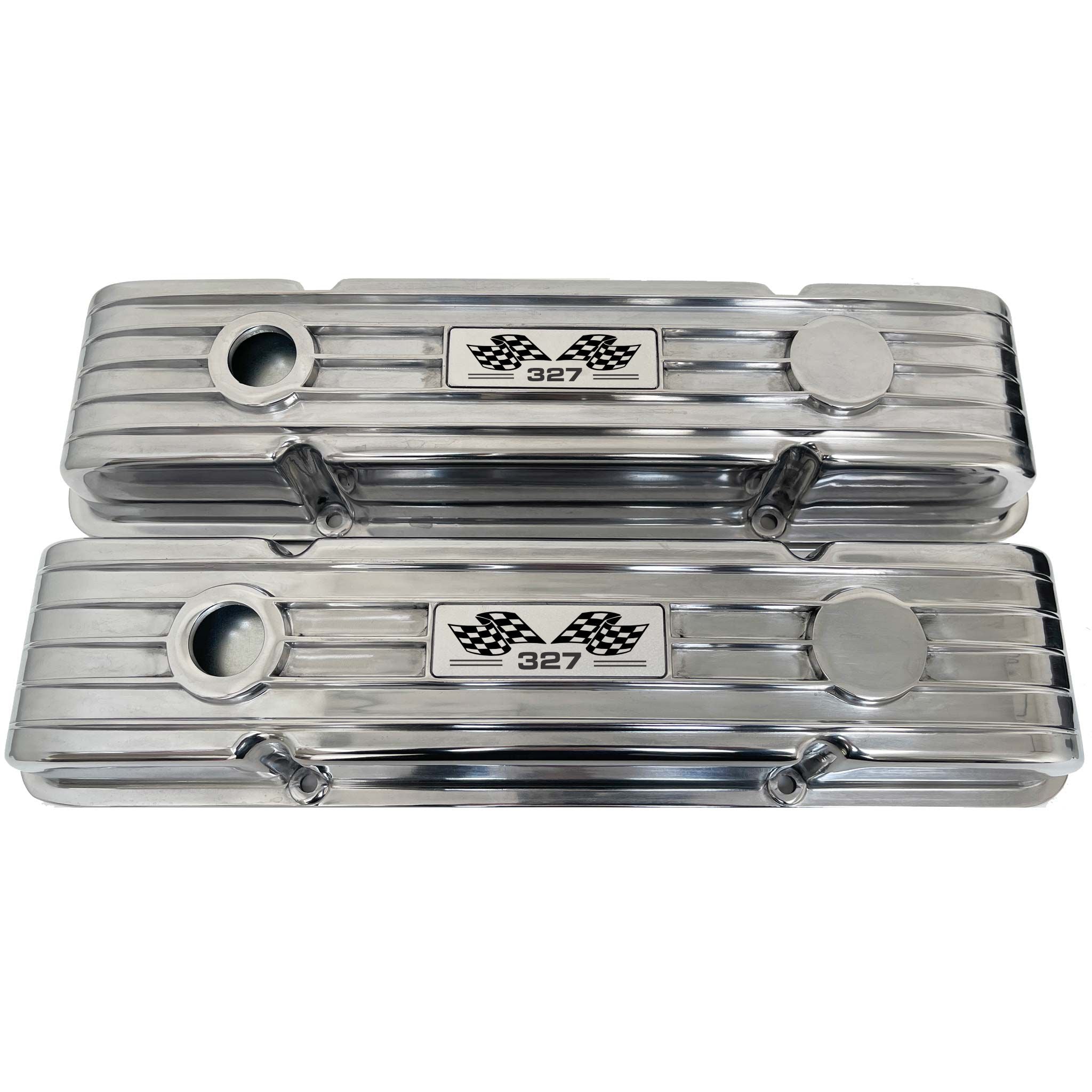 Small Block Chevy 327 Flag Logo Finned Valve Covers - Polished