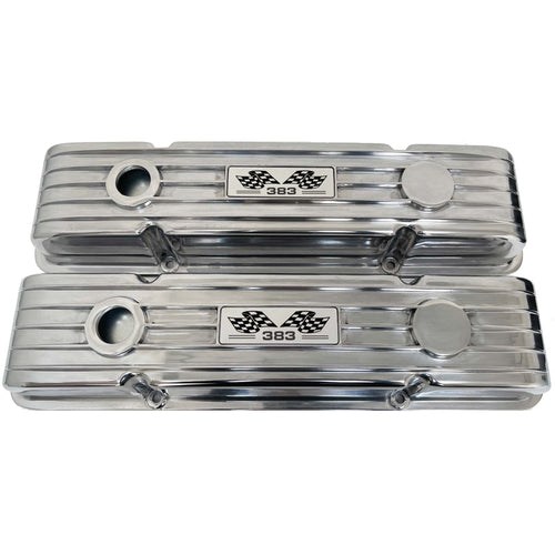 Small Block Chevy 383 Flag Logo Finned Valve Covers - Polished